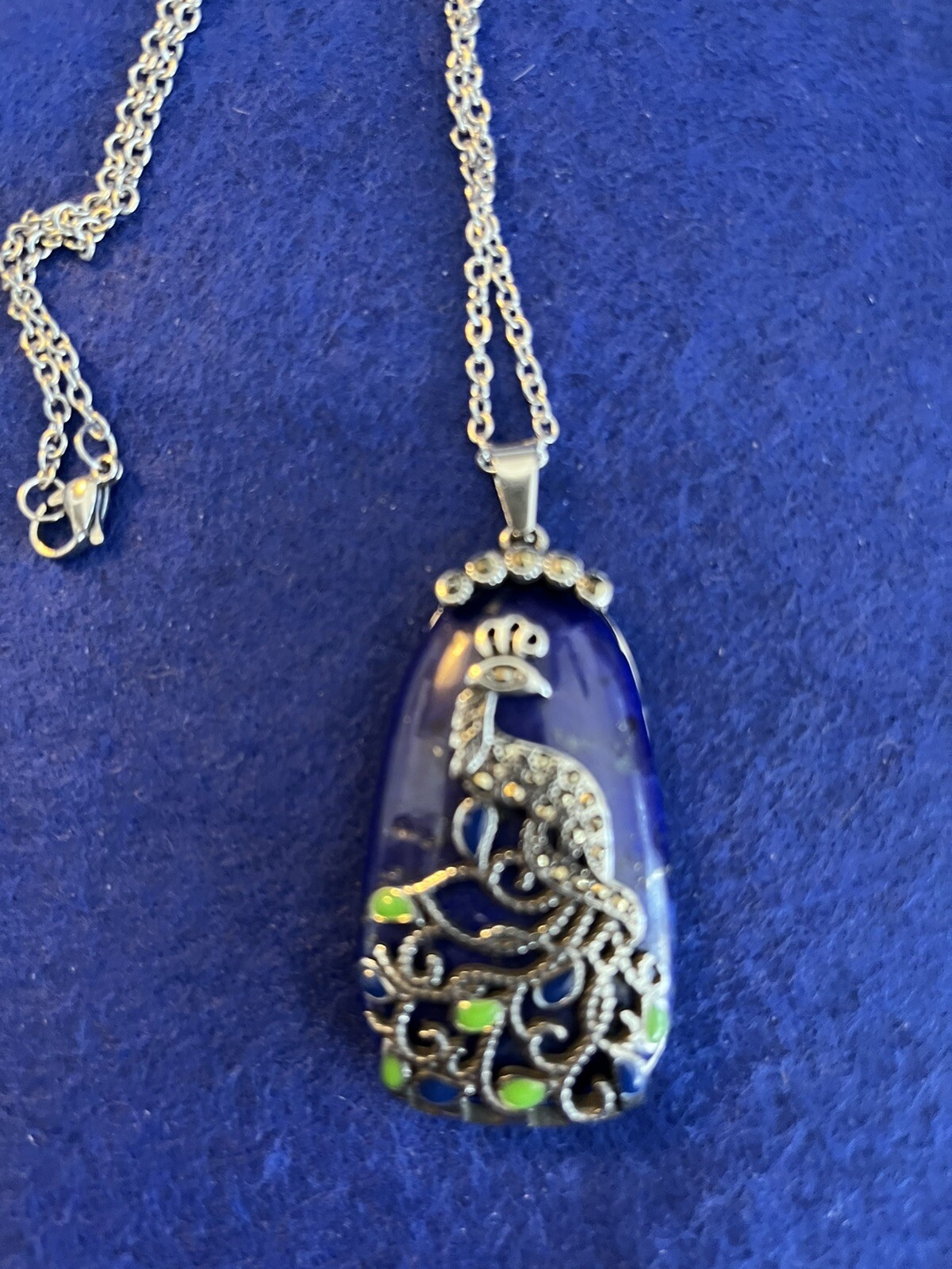Lapis Lazuli, Swiss Margarita, Enameled Peacock Pendant Necklace (20”)