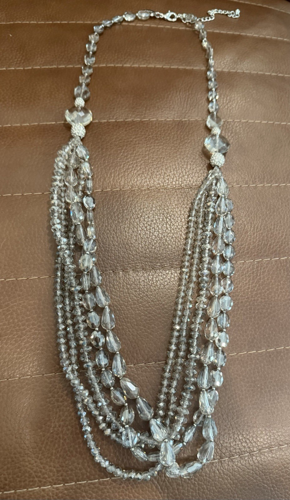 Chico’s Multi Strand Gray Glass & Crystal Necklace Silver Tone Statement Necklac