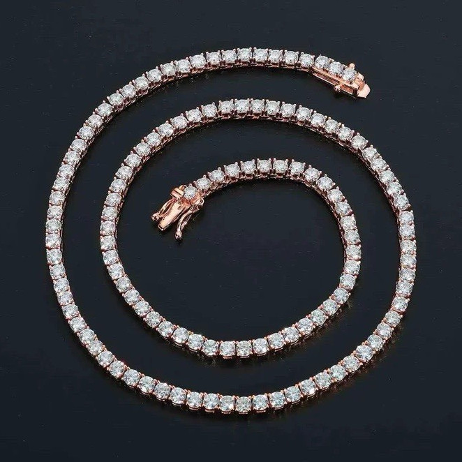 Rose Gold Plated Tennis Necklace Round White/Colorless CZ Prong Box Clasp
