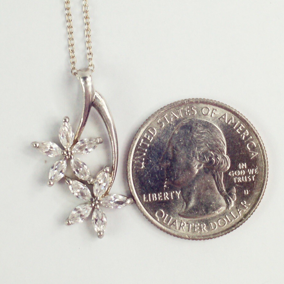 sterling silver white/colorless CZ double flower pendant cable chain necklace