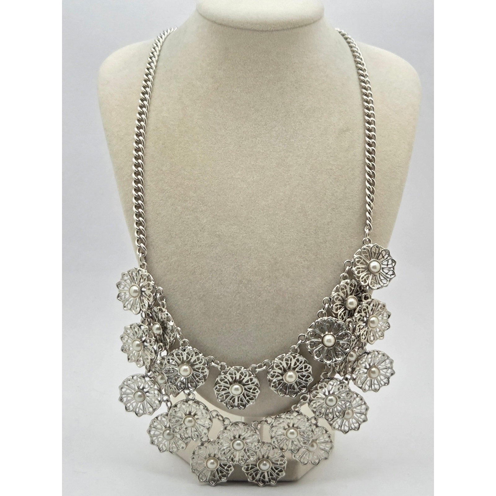 Vintage Inspired Silver Filigree Flower Faux Pearl Bib Statement Necklace 22″