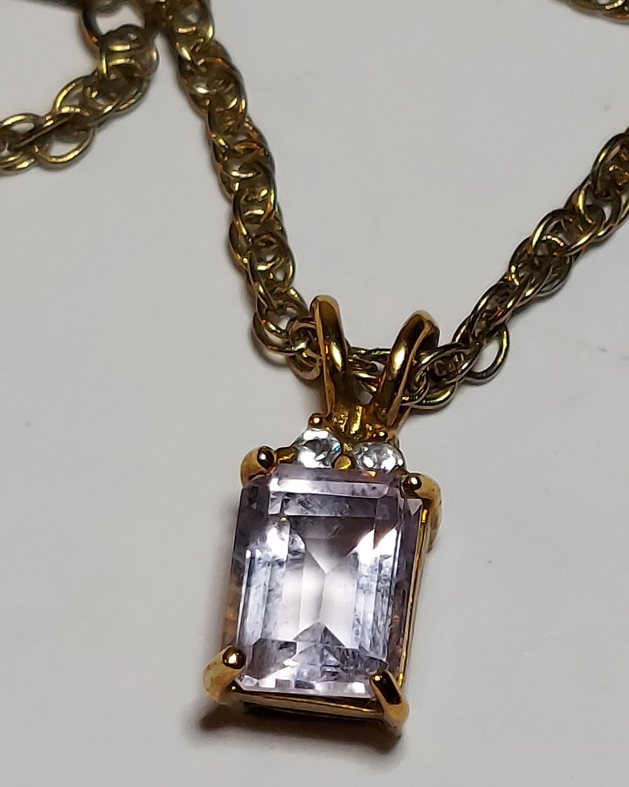 Vintage Lavender Amethyst Emerald Cut Pendant Necklace 16″ Gold Tone Korea