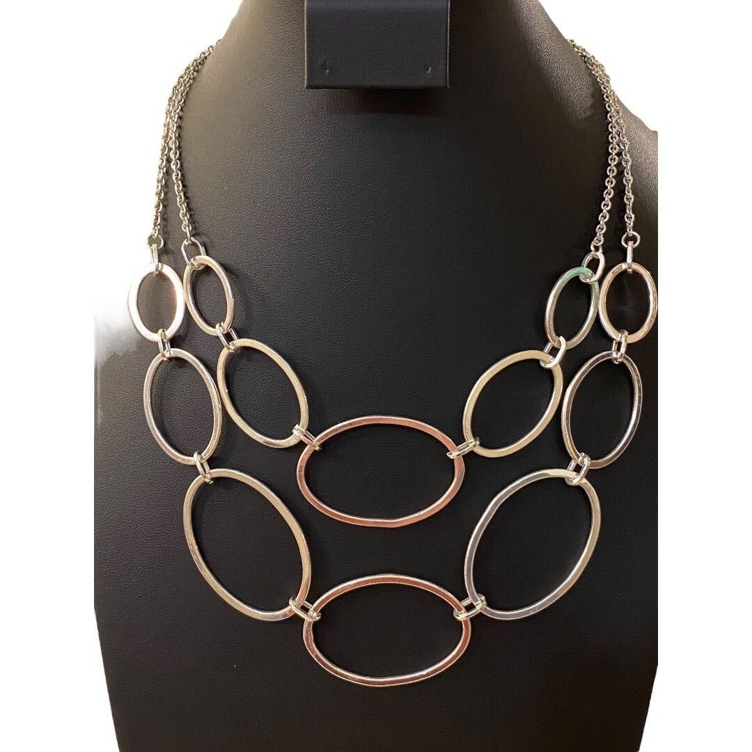 Silvertone Layered Bib Necklace 17-20″ Lays Flat Lightweight Statement