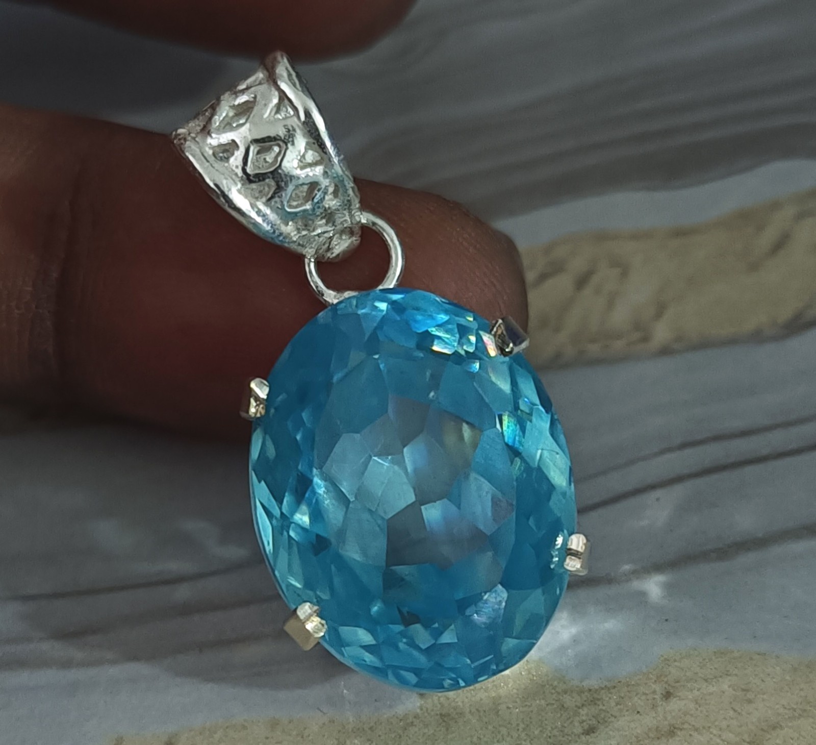 63.65 Ct Elegant Ocean Blue Zircon Pendant Sterling Silver Statement Jewelry
