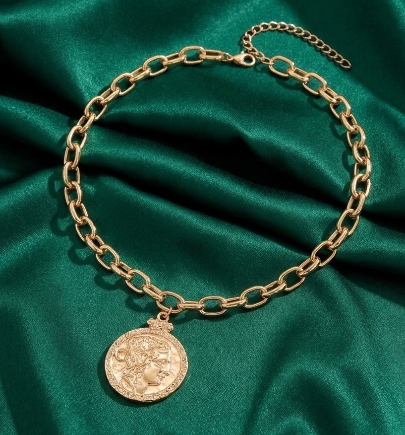 Chico’s Coin Gold Medallion Chain Necklace Greek Roman Statement Boho Portrait