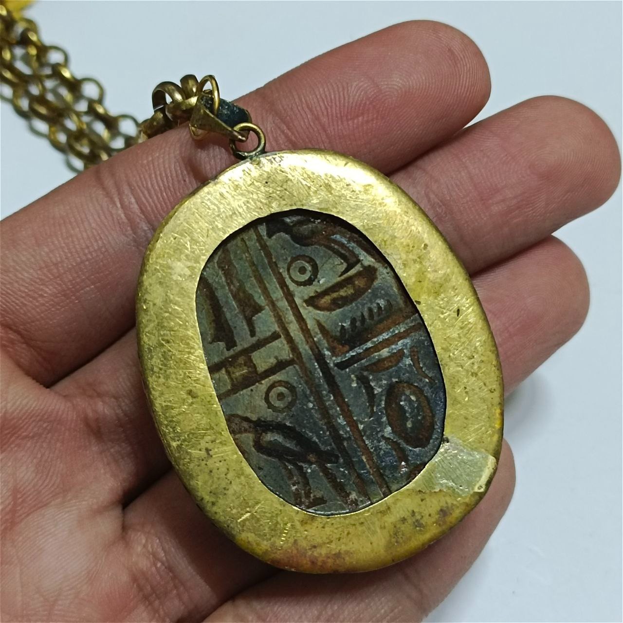 Vintage Brass Scarab Pendant Necklace Blue Inlay Classic Egyptian Style Jewelry