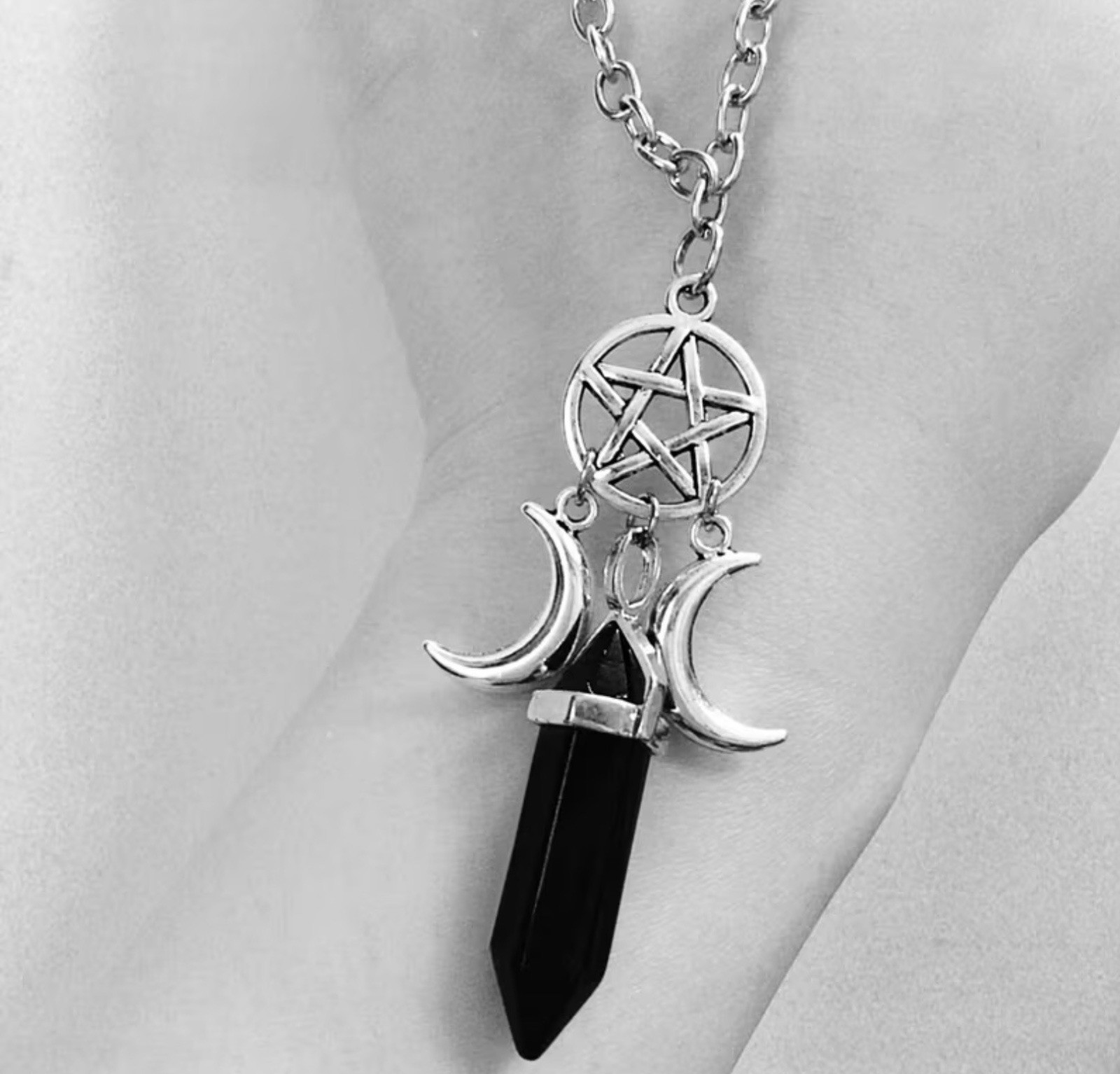 Authentic Onyx Crystal Pendant Necklace, Pentacle, Triple Moon Pendant