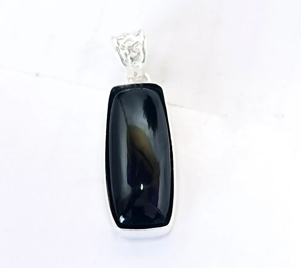 42.35 Ct Natural Black Onyx Emerald Cut Sterling Silver Pendant Certified Gems