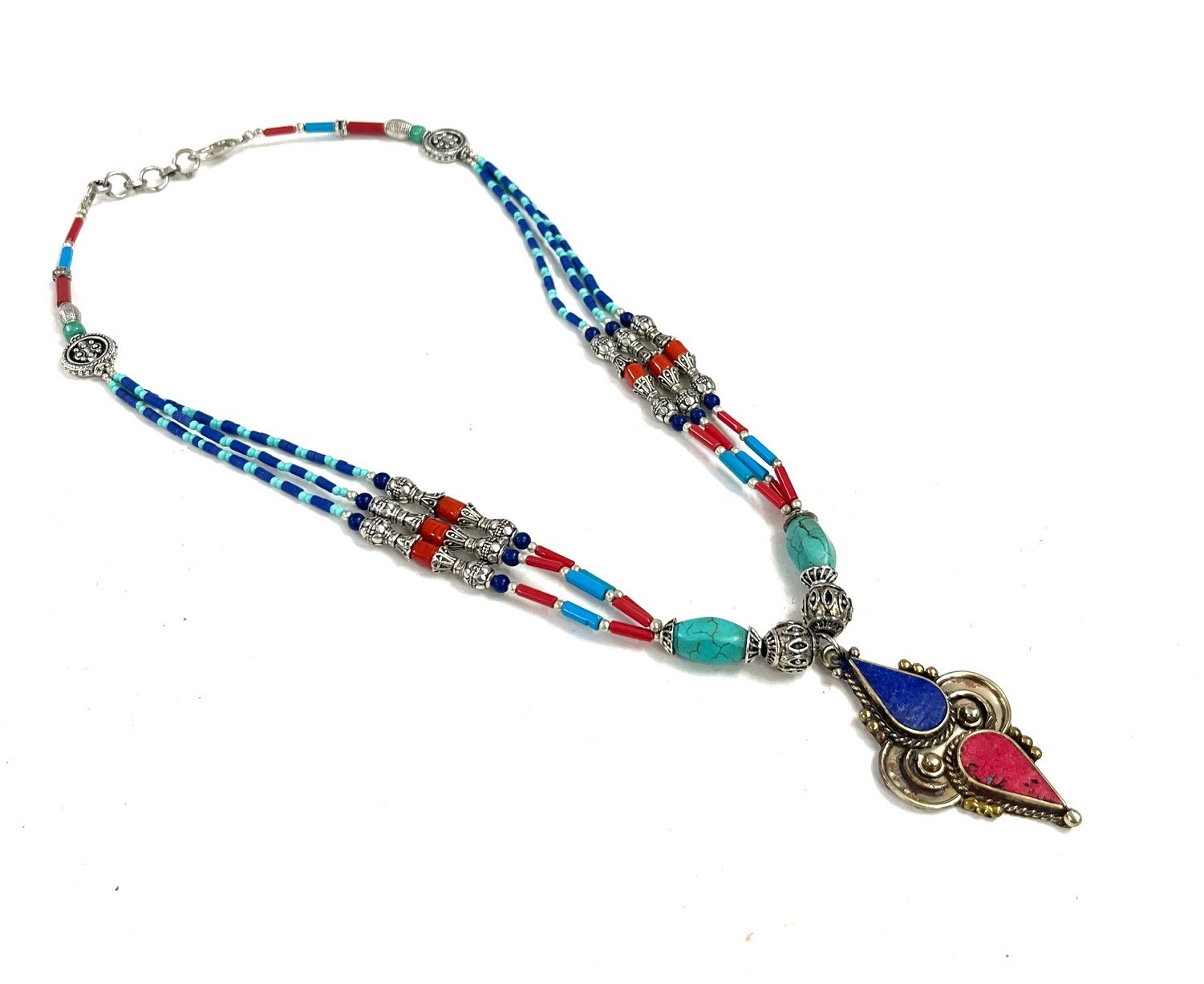 Red Coral Turquoise Gemstone Tibetan Handmade Necklace Jewelry, 18 Inc Adjst