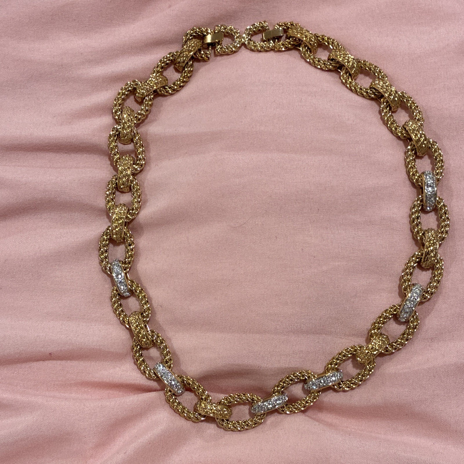 Gold Tone Oval Link Chain Necklace Clear Crystal Accent Links Box Closure