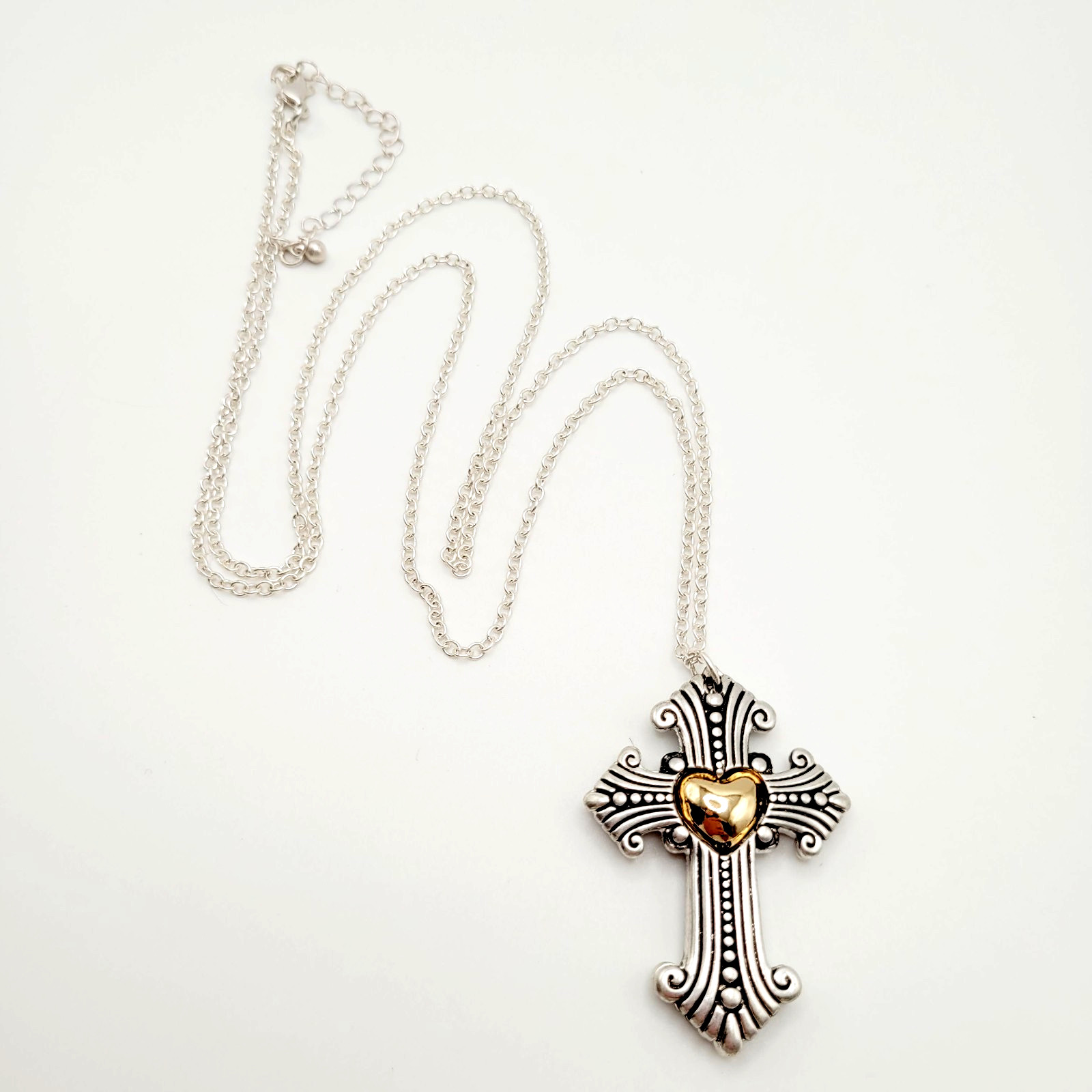Modern Slide Cross Heart Charm Serenity Prayer Roman Style Silver Tone Necklace