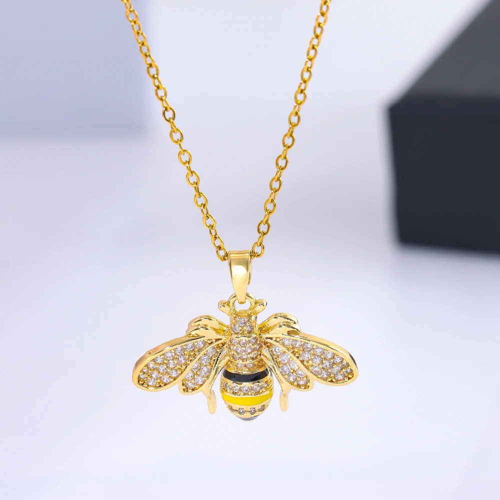 18K Gold Plated Zircon Crystal Bee Pendant Necklace Women Stainless Steel Chain