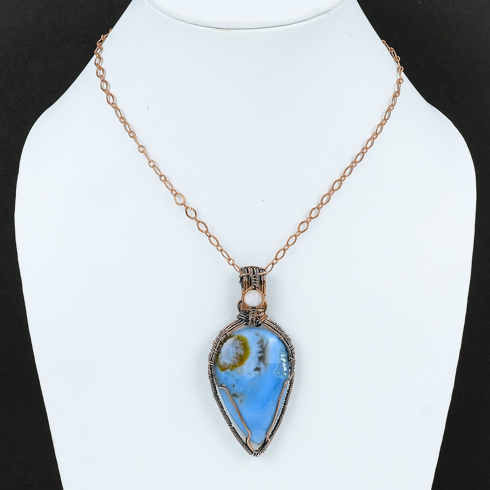 Natural Owyhee Blue Opal Gemstone Pendant Wire Wrapped Unknown Copper Jewelry