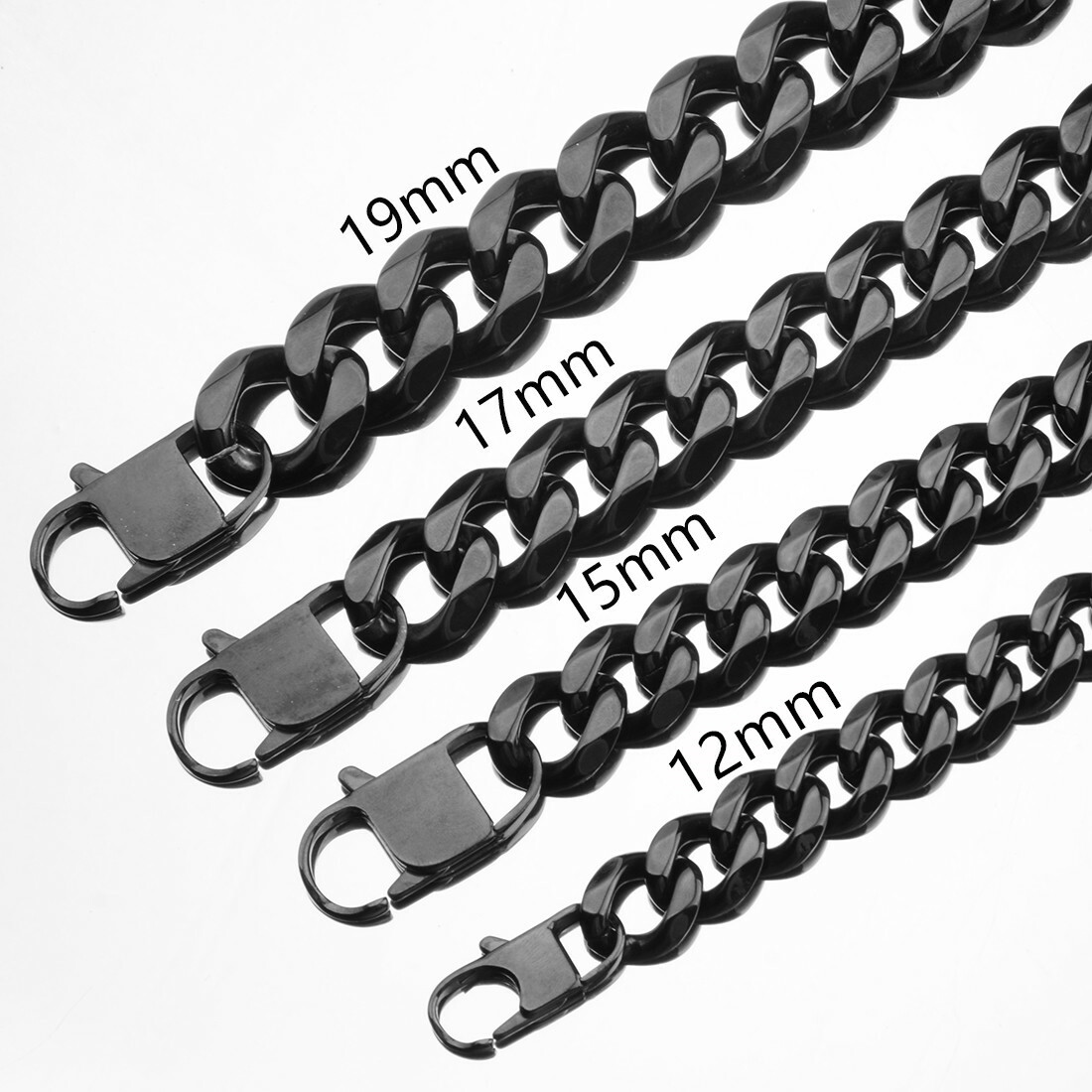 12/15/19/17MM Heavy Black Tone 316L Stainless Steel Men’s Curb Chain Necklace
