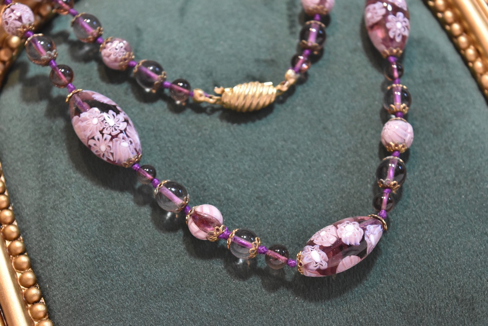 Vtg Venetian Murano Lavender Millefiori Glass Beaded Hand Knotted Necklace