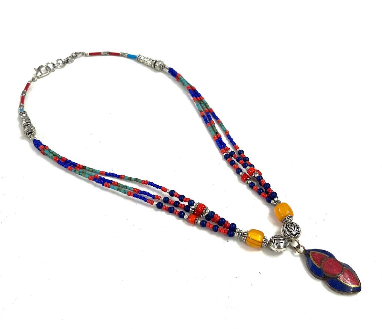 Red Coral Lapis Gemstone Tibetan Style Handmade Necklace Jewelry, 17 Inch Adjst
