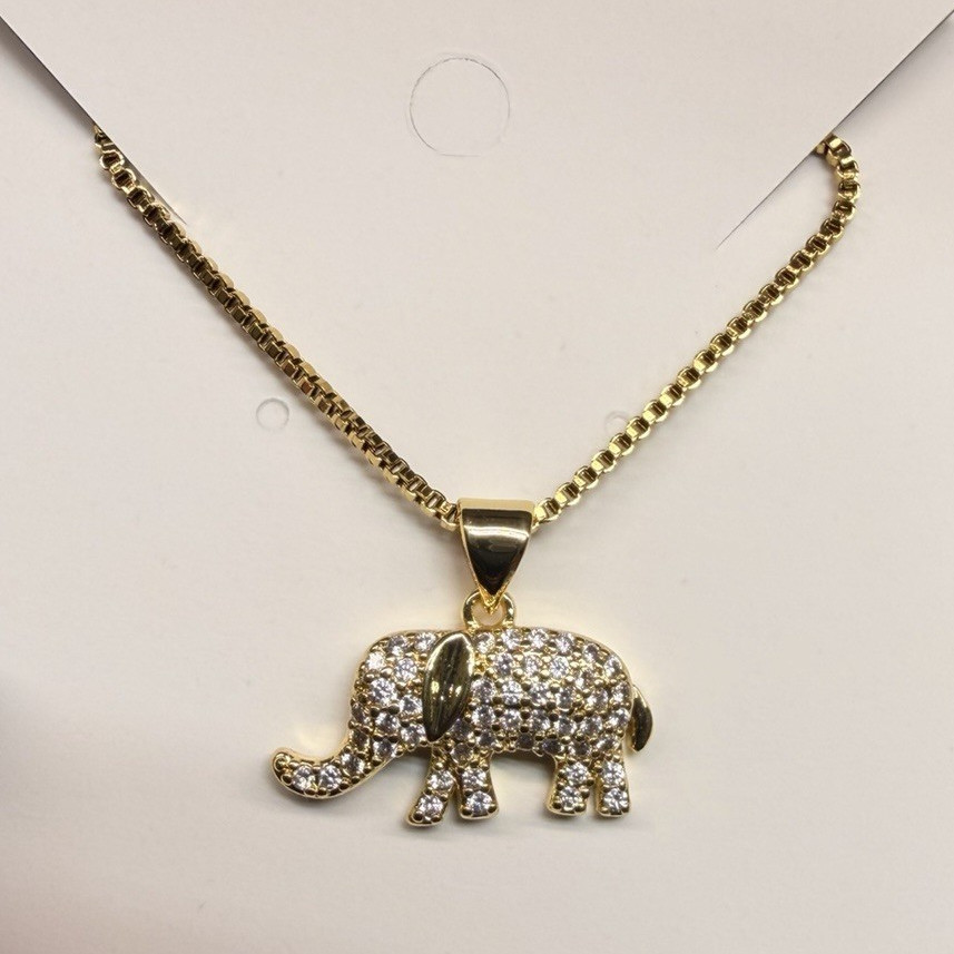 Gold Plated Clear Pavé CZ Elephant Pendant Chain Necklace