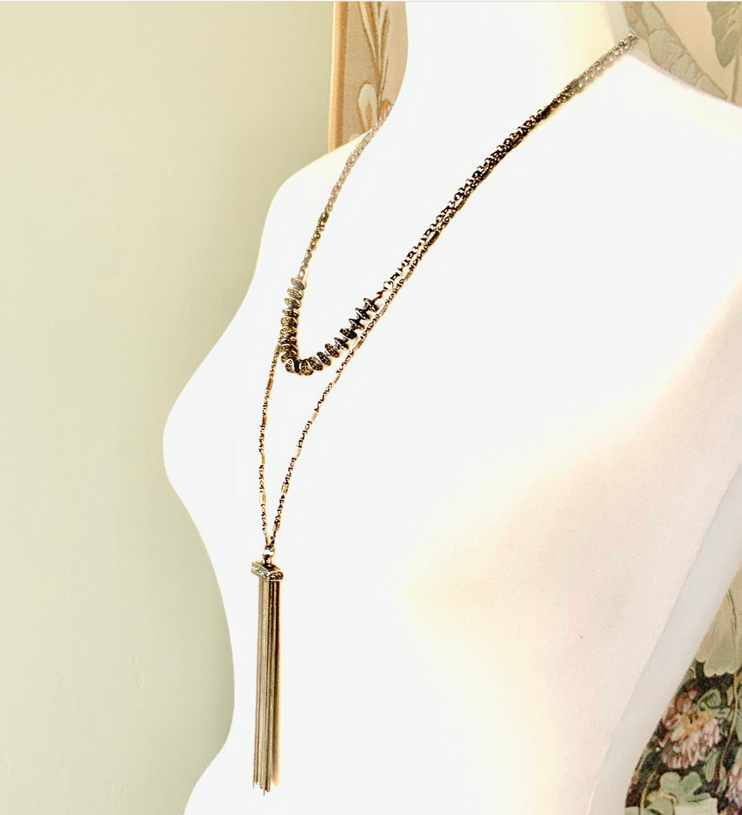 Vintage tassel necklace ST. THOMAS rhinestone antiqued gold multi strand layered