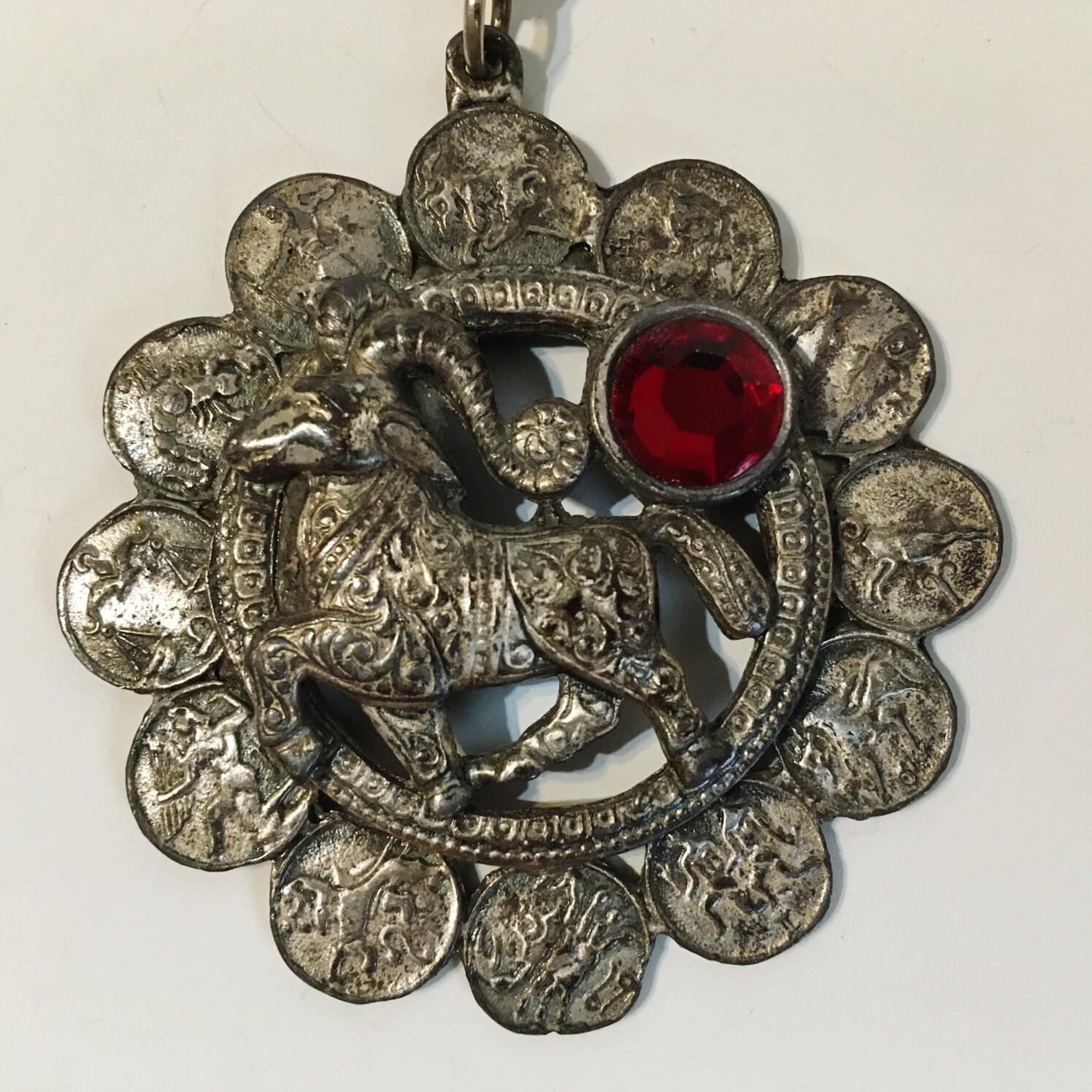 Aries Ram Necklace Pendant 12 Zodiac Signs Red Rhinestone Silvertone Metal Chain