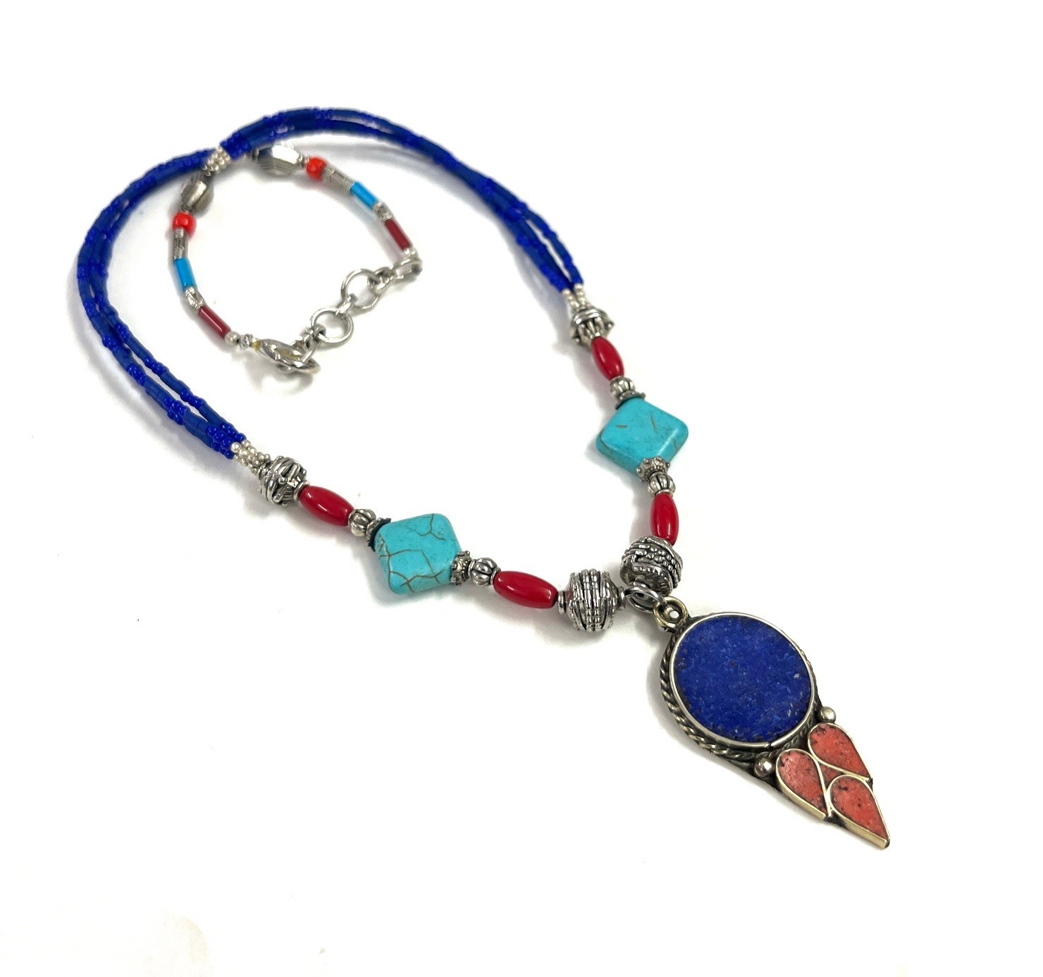 Lapis Turquoise Coral Gemstone Tibetan Traditional Necklace Jewelry, 18 Inc Adjs