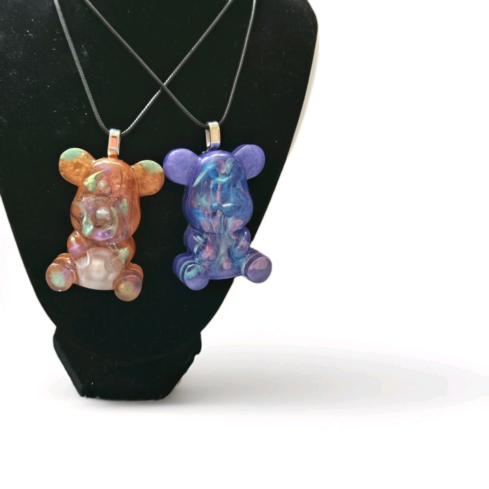 Resin Teddy Bear Charm Pendant Cord Chain Necklaces, Multicolor, 2pc
