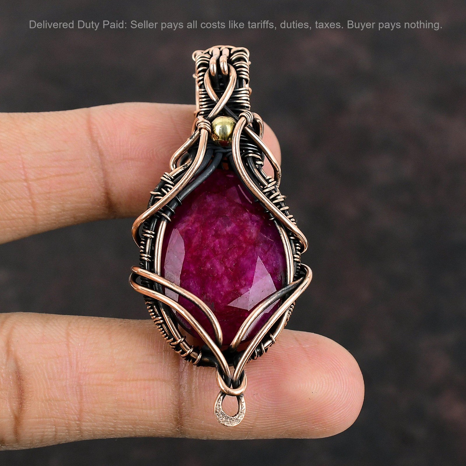 Copper Oval Natural Kashmir Rubi Wire Wrapped Art Deco Artisan Pendant Jewelry