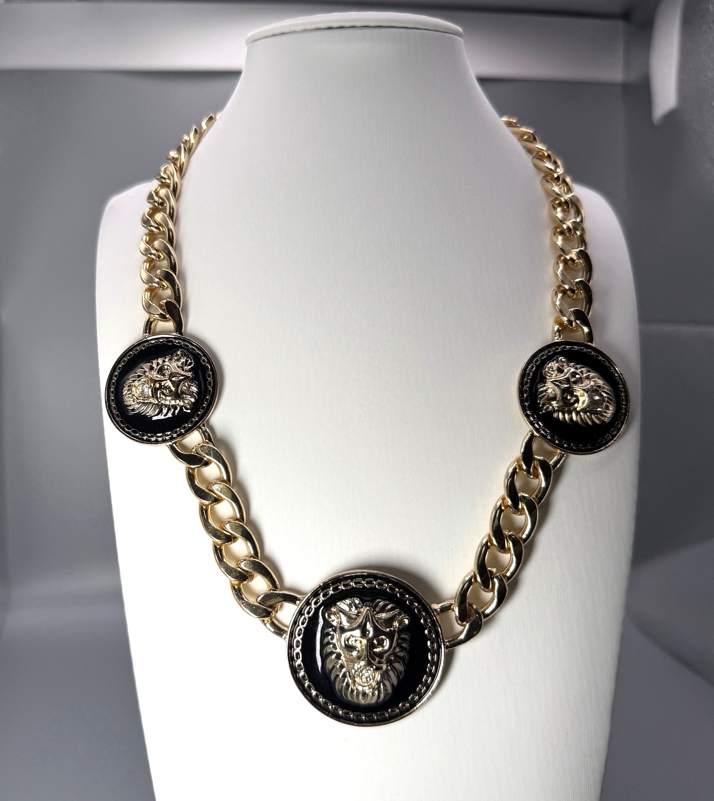 Natasha Gold Tone Lion Head Medallion Statement Necklace Rhinestone Black Inlay