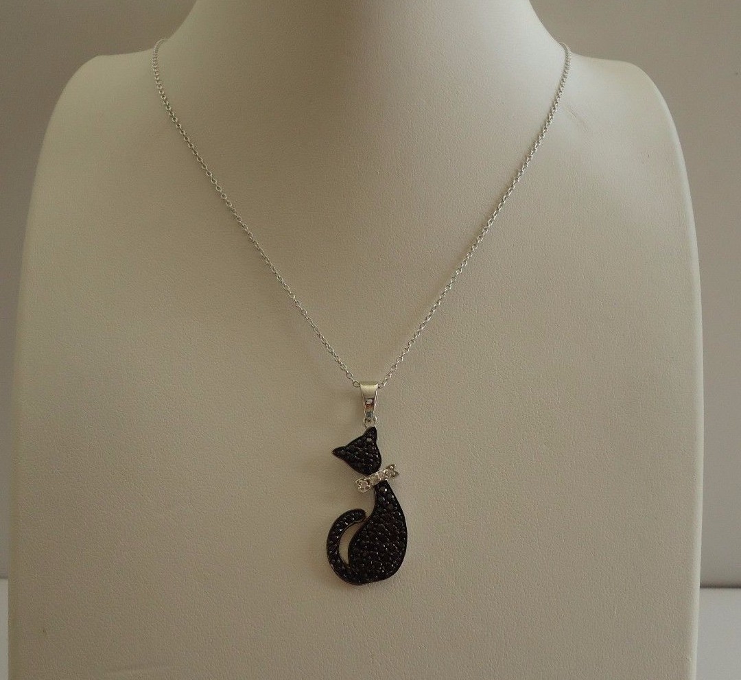925 STERLING SILVER BLACK CAT NECKLACE PENDANT W/ 2.50 CT ACCENTS/18”