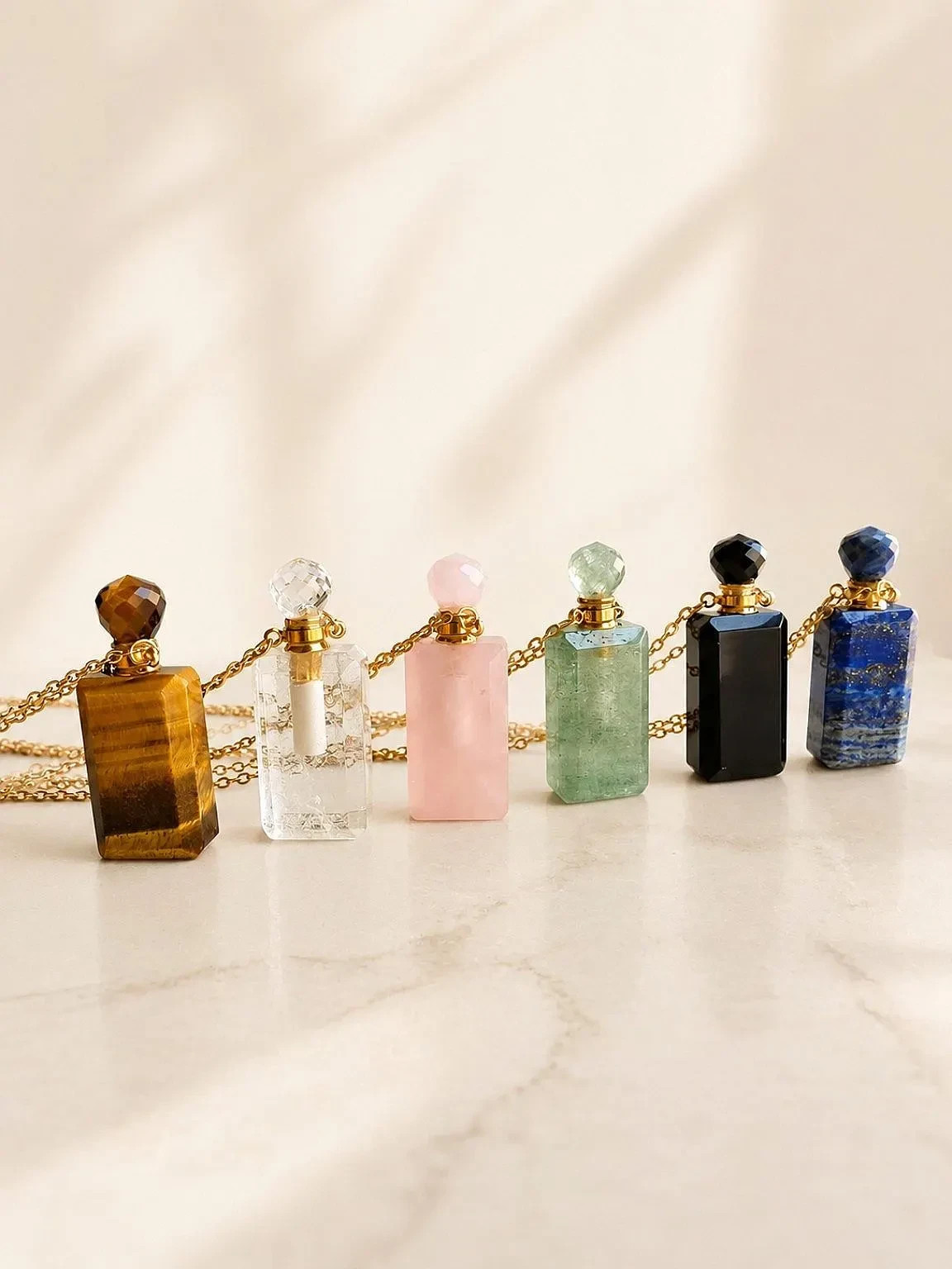 Vial Necklace 14K Gold Plated Perfume Bottle Crystal Pendant Gemstone Gift
