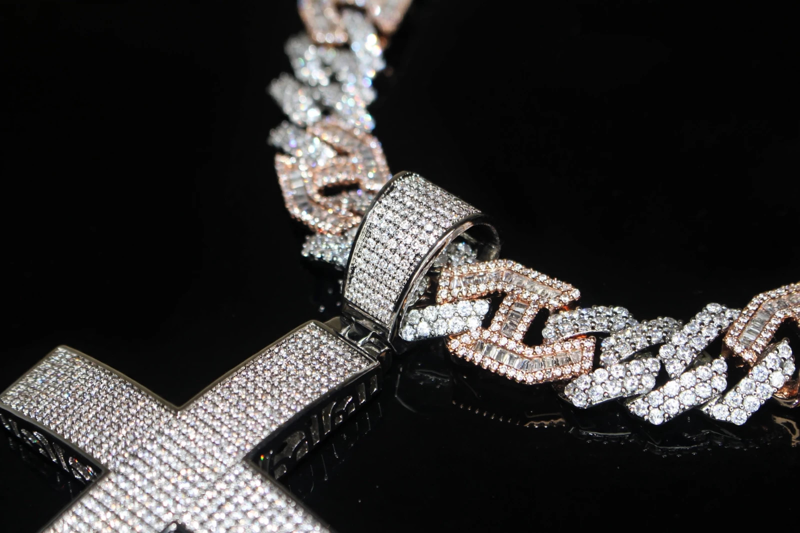 14k Stamp XL CROSS Pendant 14mm FIGARUCCI 2Tone Rose Chain 98ct Lab Sim Diamond