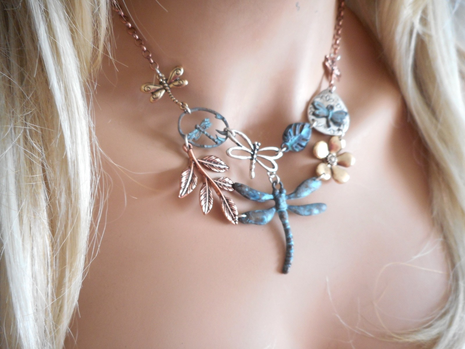New Dragonfly & Daisies Earrings & Necklace Set Artistic Flowered Copper
