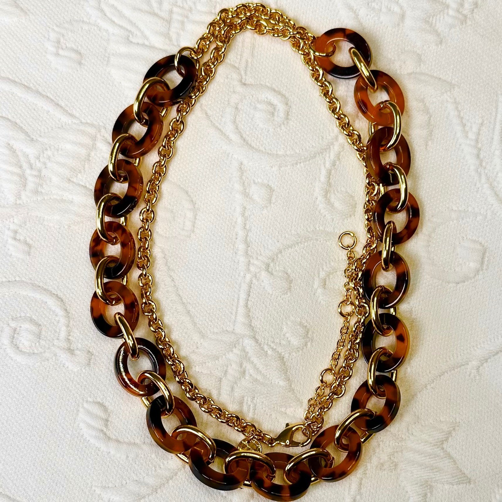 Talbots Tortoiseshell Link Goldtone Chain Long Necklace Brown Amber Statement