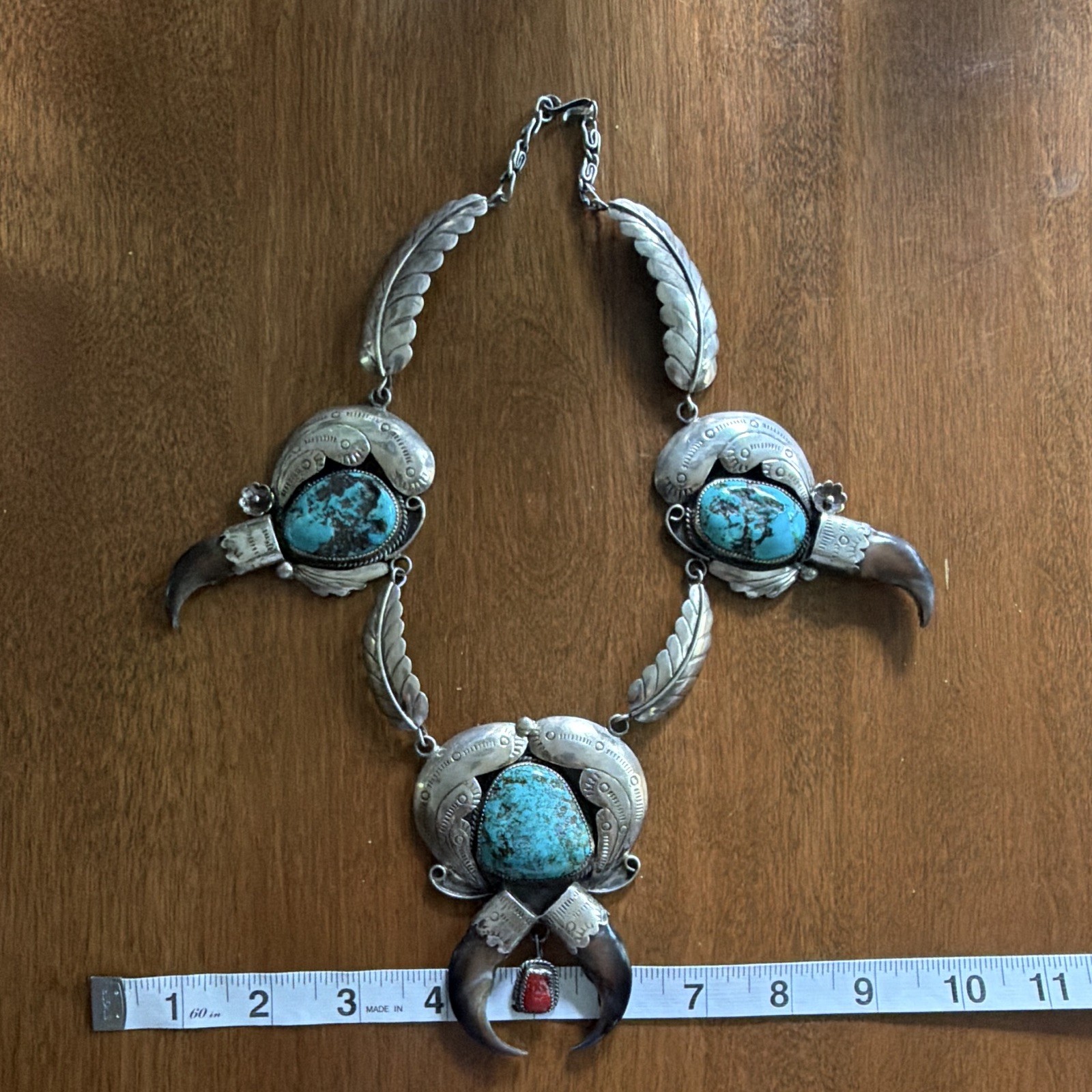 Turquoise & Coral Claw Charm Pendant Necklace, Silver Statement, Signed