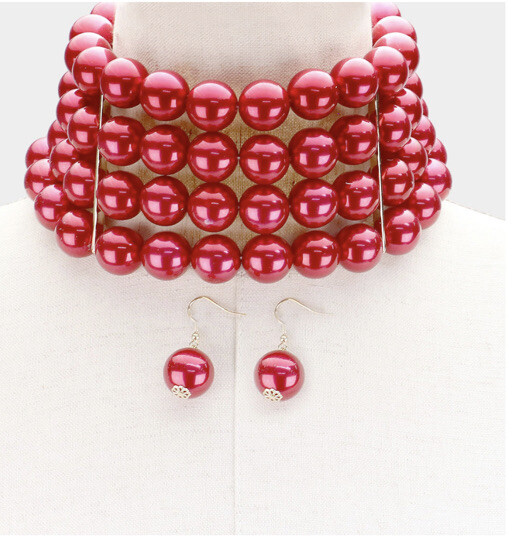 Red Pearl Multi Strand Layered Bead Choker Jewelry Necklace Set Chunky