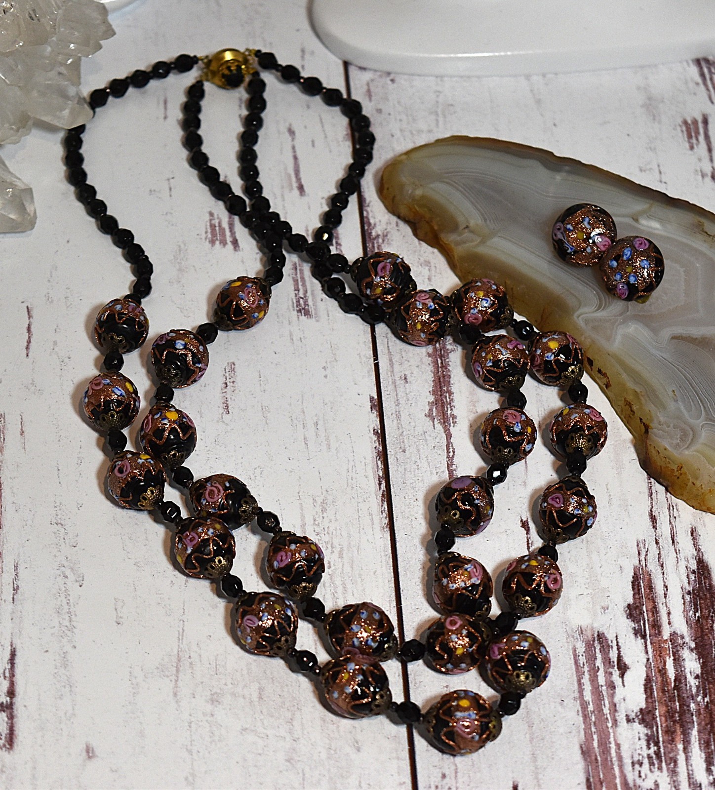 Vtg 2 Strand Venetian Murano Black Wedding Cake Glass Beaded Necklace Earrings