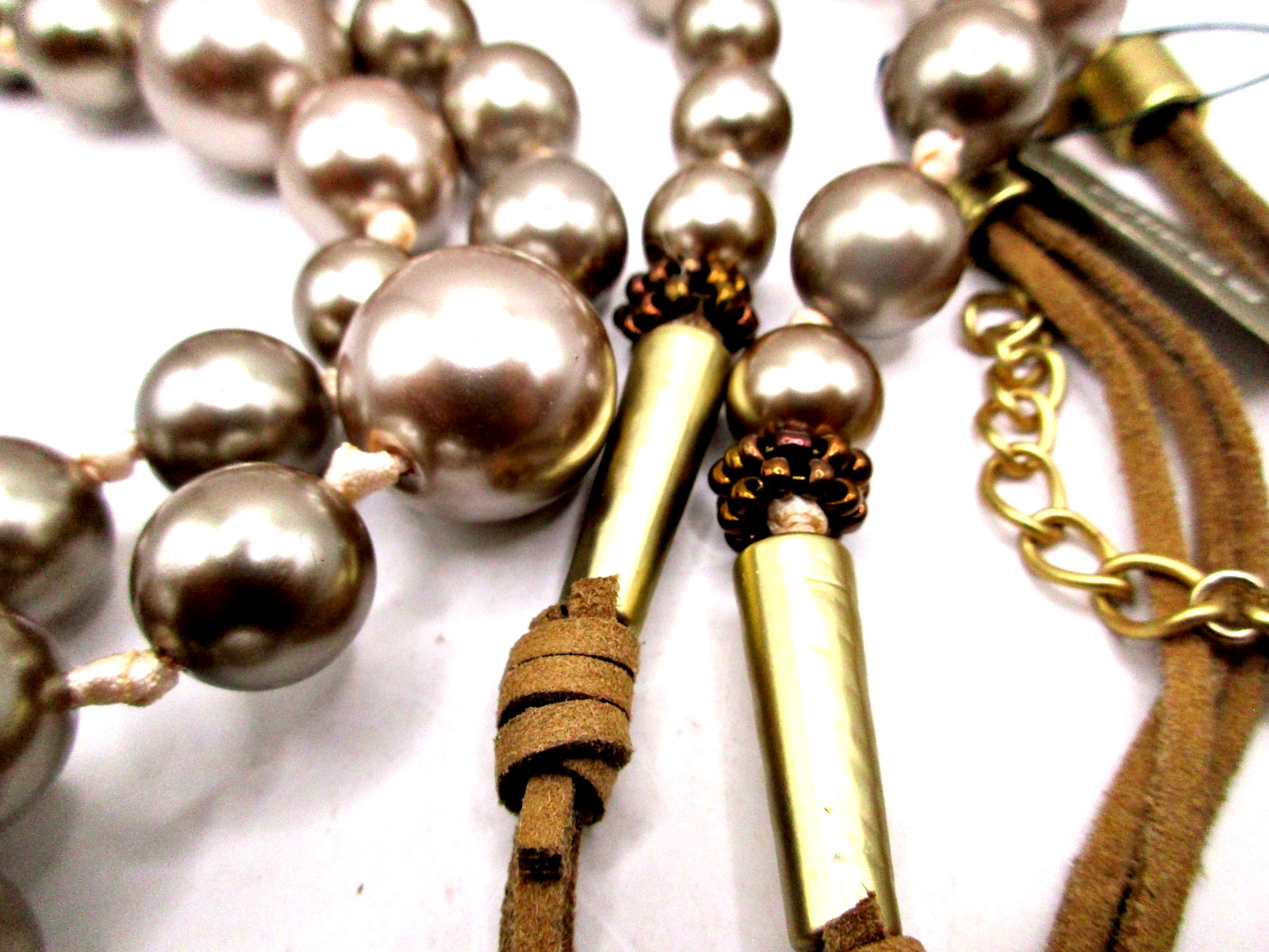 NWT$59 Chico’s Isabel 52″ Strand Deep Champagne Faux Pearls & Leather Necklace