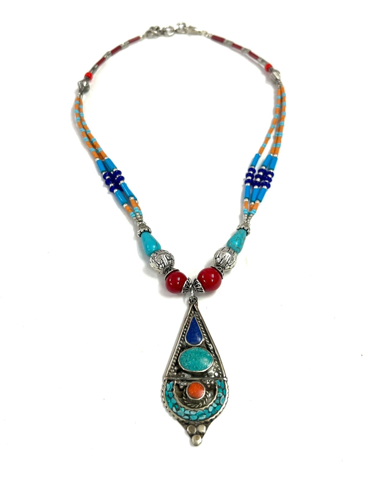 Nepalese Turquoise Coral Gemstone Tibetan Necklace Jewelry, 16 inch Adjus