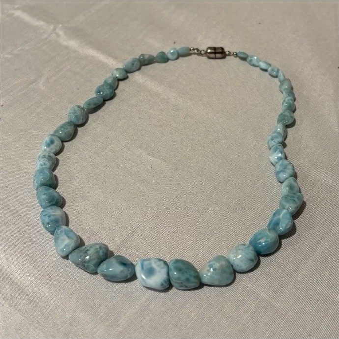 Blue Oval Stone Beaded Necklace, Beaded Chain, Magnetic Closure, Beauty, 19 in