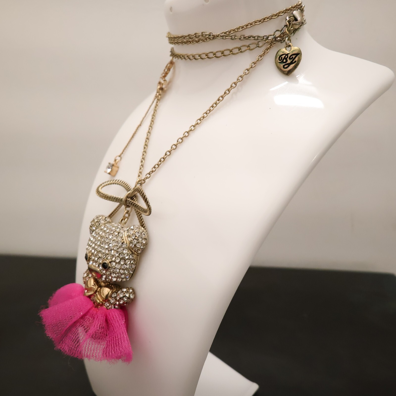 Betsey Johnson necklace teddy bear in ballerina costume magenta pink tutu signed