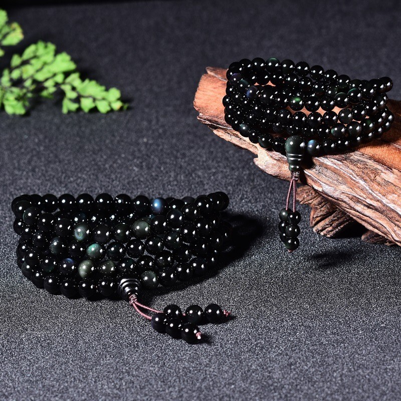 Rainbow Eye Obsidian 108 Mala Beads Prayer Necklace Multilayers Healing Bracelet