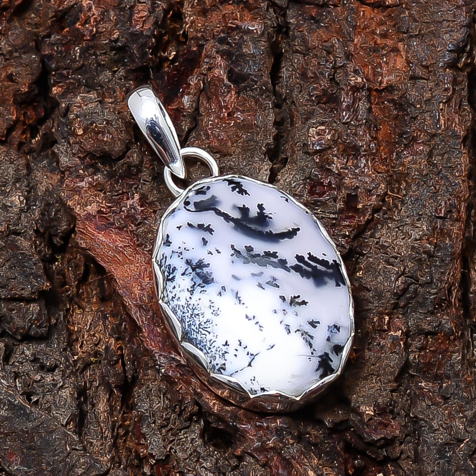 Merlinite Dendritic Opal -Brazil Handmade 925 Sterling Silver Pendant 1.37″ P14