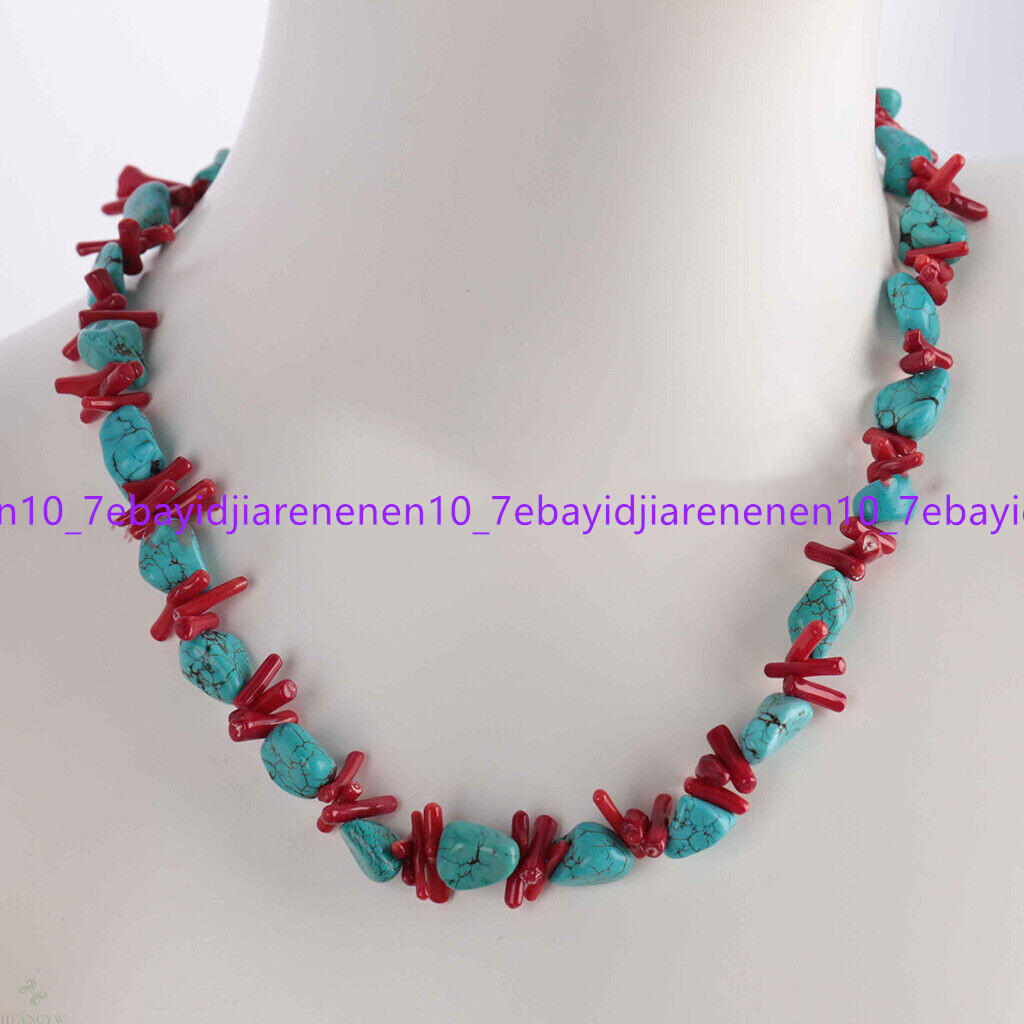 Natural 10x12mm Blue Turquoise Nugget & Red Coral Chip Gemstone Necklace 16-28in