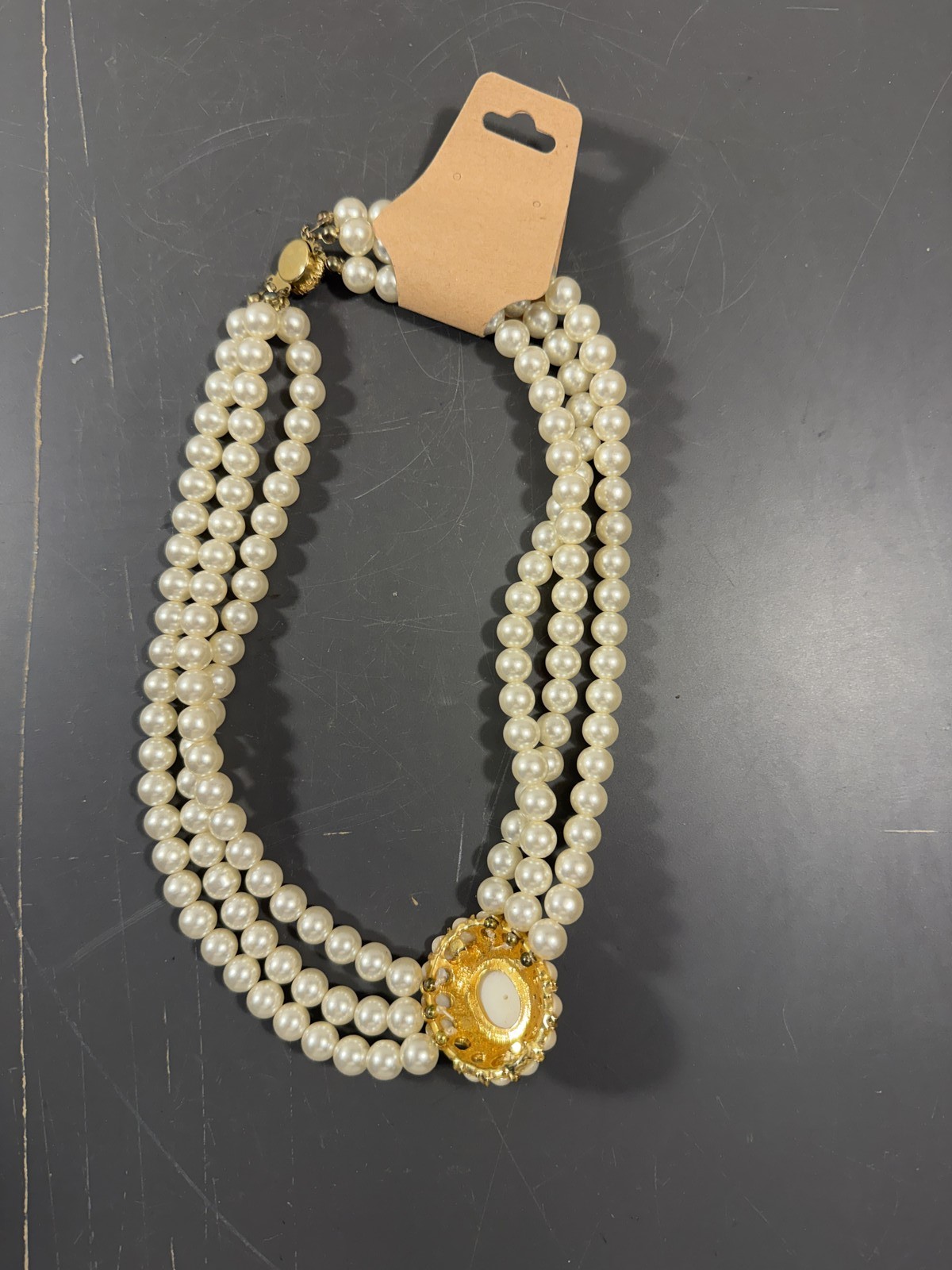 Vintage Triple Strand Faux Pearl Necklace Gold Tone Multi-Color Rhinestone