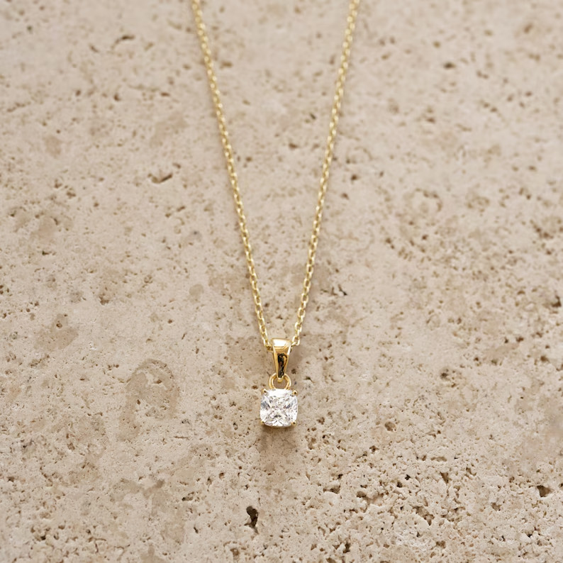 2 Ct Cushion Cut Pendant Necklace Simulated Diamond In 14k Yellow Gold Plated