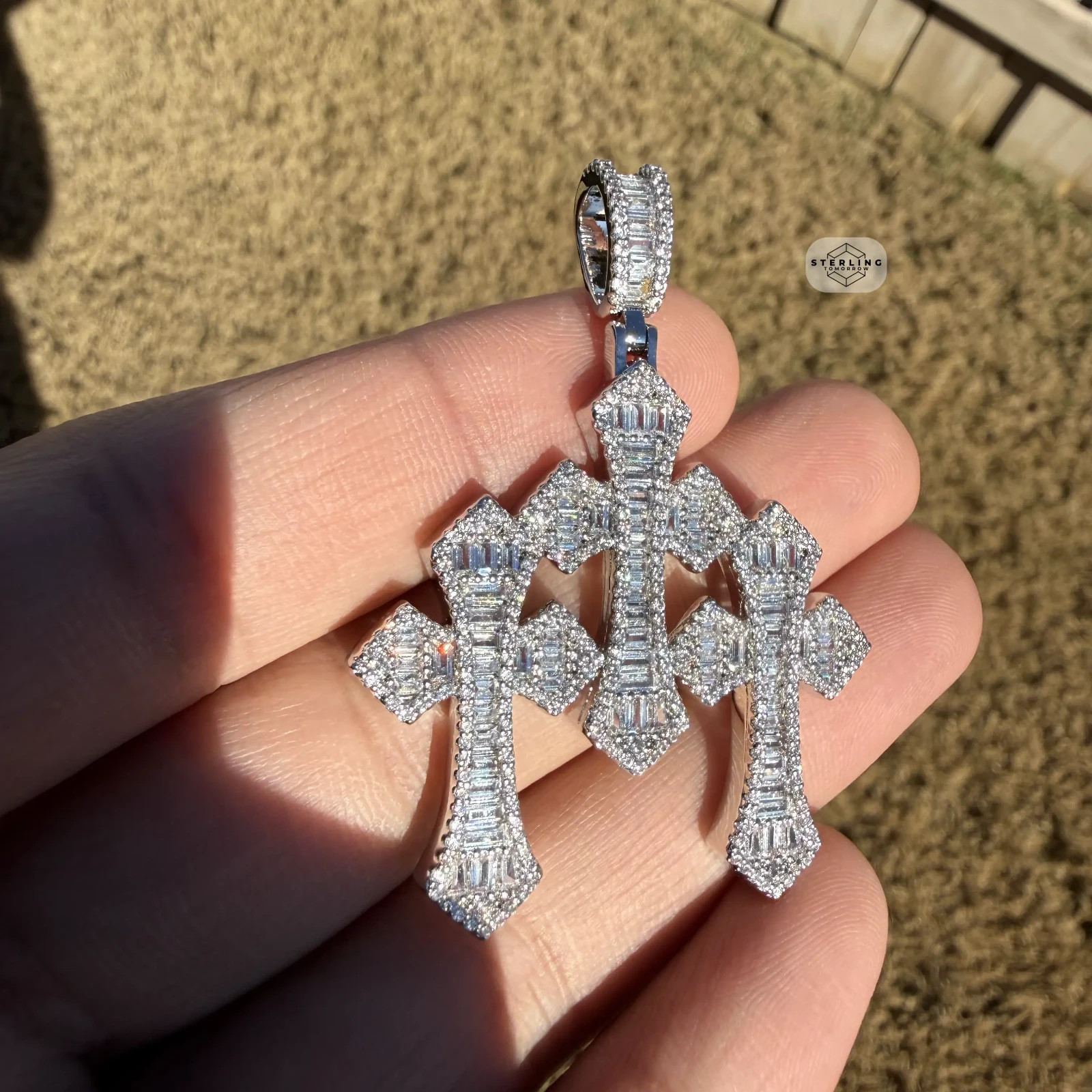 Triple Cross Baguette 14k White Gold Plated Iced Pendant + Steel Rope Chain