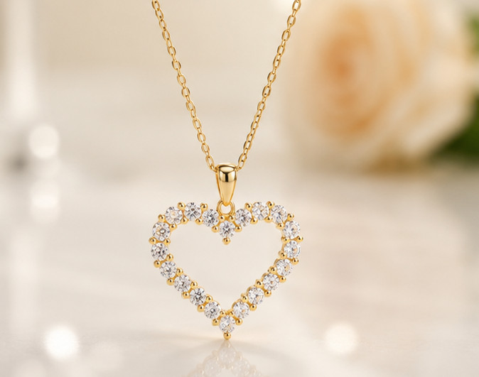 Elegant Heart Pendant Necklace – Round Simulated Diamond 14K Yellow Gold Plated