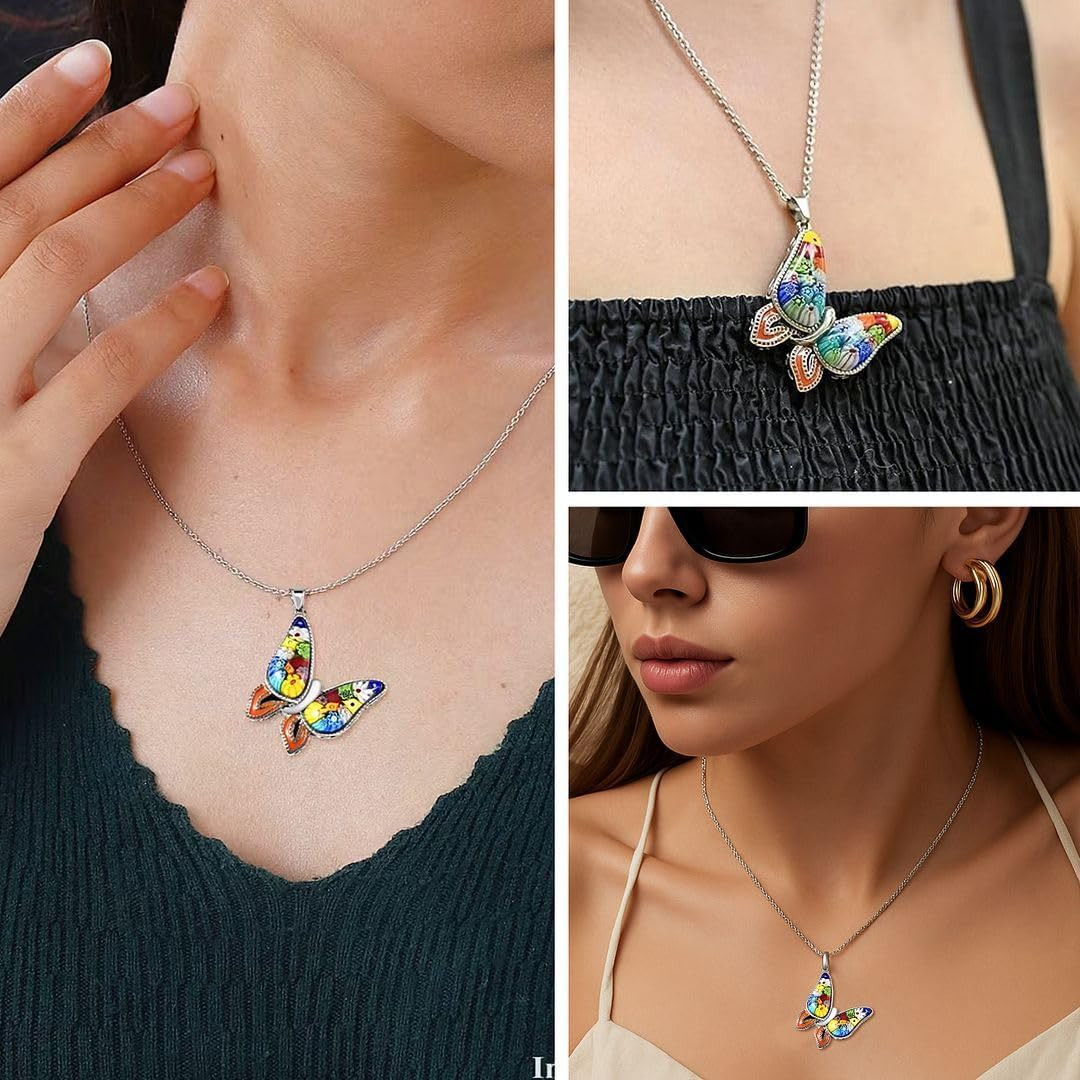 Murano Style Millefiori Glass Butterfly Necklaces for Women – Colorful Boho Neck