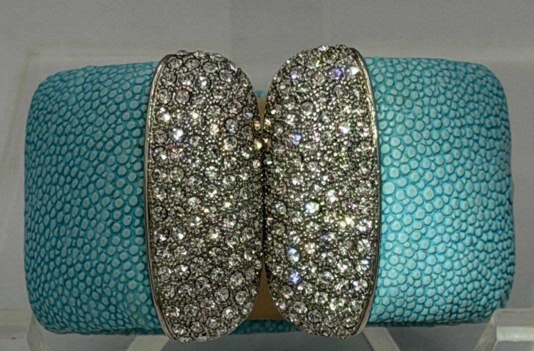 PJM Jewelry Turquoise Leather Hinge Wide Bangle CZ-Cuff Bracelet