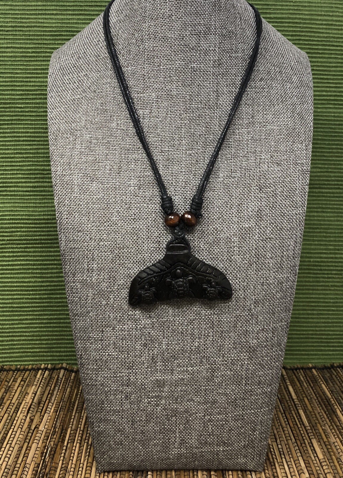 Black Whale Tail Necklace – Carved Pendant with Turtles Engraved Adjustable