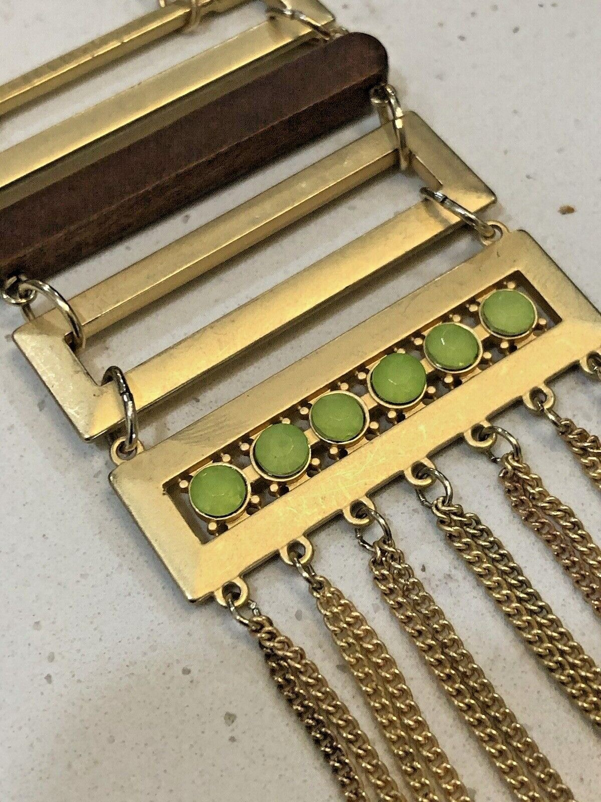 Gold Tone Geometric Fringe Pendant Necklace Wood Chartreuse Green Statement Boho
